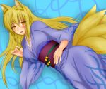  animal_ears blonde_hair blush fox_ears fox_tail highres inari inari_(monster_girl_encyclopedia) japanese_clothes japanese_clothing kimono long_hair lying monster_girl monster_girl_encyclopedia multiple_tails robe shintani_masaki smile solo tail yellow_eyes 