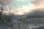  1girl bag black_hair building car cityscape cloud clouds fence fo~do from_behind grass highres lamppost morioka motor_vehicle mountain original pedestrian_bridge road_sign scenery sign sky standing tree vehicle waving 