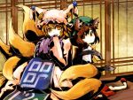  animal_ears blonde_hair brown_eyes brown_hair cat_ears cat_tail chen dress fox_tail gr-project hat multiple_girls multiple_tails tail touhou wide_sleeves yakumo_ran yellow_eyes 