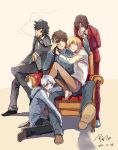  barefoot black_hair blonde_hair blood bloody_tears brown_hair chair cigarette dated emiya_kiritsugu facial_hair fate/zero fate_(series) gilgamesh goatee hand_kiss hand_on_own_face highres kiss kotomine_kirei linjie matou_kariya multiple_boys necktie signature tohsaka_tokiomi toosaka_tokiomi white_hair 