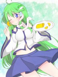  blue_eyes blush breasts detached_sleeves dish eating frog_hair_ornament green_hair hair_ornament hair_tubes highres kochiya_sanae long_hair omelet skirt smile snake_hair_ornament solo touhou 