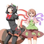  2girls alternate_hairstyle asymmetrical_wings bow breasts cosplay costume_switch disguise flat_chest futatsuiwa_mamizou houjuu_nue large_breasts leaf leaf_on_head multiple_girls pose raccoon_tail short_hair skirt smile switch tail tanuki thigh-highs thighhighs toho-77 touhou wings 