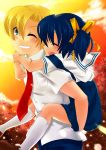  1boy 1girl absurdres blonde_hair blue_eyes blue_hair brother_and_sister carrying clannad closed_eyes grin highres juujiro_eru necktie piggyback school_uniform short_hair siblings smile sunohara_mei sunohara_youhei twintails 