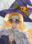  black_lagoon blonde_hair blue_eyes blush breasts capelet cleavage cross cross_necklace eda halloween hat jack-o&#039;-lantern jack-o'-lantern long_hair on_back on_bed pink_glasses pumpkin_hair_ornament shadow solo sunglasses witch_hat you_gonna_get_raped yuuki 