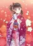  absurdres brown_eyes brown_hair curly_hair envelope floral_print flower furisode hair_flower hair_ornament hair_up highres holding japanese_clothes kimono kishida_mel long_hair obi original scan side_ponytail smile solo 