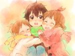  :d :o ^_^ brown_eyes brown_hair closed_eyes eyes_closed fukutarou_(enji127) girl_sandwich hirasawa_ui hirasawa_yui hug k-on! manabe_nodoka multiple_girls open_mouth ponytail scarf short_hair smile topknot young 