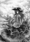  acryl cloudy_sky food fruit hat hinanawi_tenshi long_hair monochrome mountain peach planted_sword planted_weapon puffy_sleeves shirt short_sleeves skirt sky solo standing sword touhou weapon 