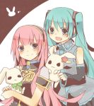  aqua_eyes aqua_hair blue_eyes bunny detached_sleeves hatsune_miku long_hair megurine_luka multiple_girls necktie open_mouth pink_hair rabbit smile twintails utaori vocaloid 