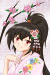  alternate_costume alternate_hairstyle black_hair branch bust fingernails floral_print flower_request hair_ornament hair_stick hand_on_own_chest highres japanese_clothes kimono long_hair looking_at_viewer mimi mimix33 red_eyes reiuji_utsuho solo touhou 