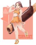  brown_eyes food kow_(artist) midriff pocky shoes short_ponytail skirt sneakers sports_top thighs 