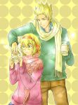  bad_id belgium_(hetalia) blonde_hair brother_and_sister cup green_eyes hair_ribbon mug netherlands_(hetalia) ribbon scarf siblings spiked_hair spiky_hair sweater 