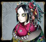  checkered earrings flower hair_flower hair_ornament hiroyuki_takahashi jewelry original solo yellow_eyes yin_yang 