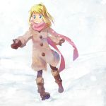  blonde_hair blue_eyes boots coat fullmetal_alchemist mittens pantyhose ponytail riru scarf snow solo winry_rockbell young 