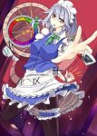  bad_id braid garters highres izayoi_sakuya knife koko_shiguma maid pantyhose red_eyes short_hair silver_hair solo touhou twin_braids 