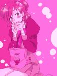  crossdressing eating food hair_ornament kumonosuke monochrome pink pink_background precure school_uniform short_hair sitting skirt solo trap twintails two_side_up yes!_precure_5 yumehara_nozomi 