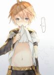  animated animated_gif blonde_hair blue_eyes blush gif heca kagamine_len male mouth_hold navel shirt_lift simple_background solo vocaloid 