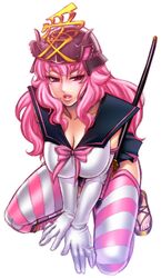  breast_squeeze breasts chiba_toshirou cleavage elbow_gloves gloves helmet kabuto katana kneeling large_breasts lipstick long_hair mole onegai!_ranking onegai_pink pink_eyes pink_hair pink_lipstick samurai_helmet sandals sheath sheathed simple_background solo striped striped_legwear striped_thighhighs sword thigh-highs thighhighs v_arms weapon 