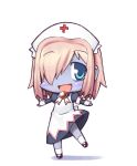  armband ashurin bad_id blue_eyes blue_skin blush chibi custom_zombie-chan dress hair_over_one_eye hat jingai_modoki mary_janes monster_girl ningai_modoki nurse nurse_cap open_mouth outstretched_arms pink_hair shoes short_hair simple_background smile socks solo spread_arms standing_on_one_leg zombie 