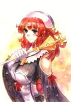  blush breasts brown_eyes bust cross gloves green_eyes hat la_pucelle large_breasts mole nippon_ichi prier rabihiko red_hair redhead ribbon smile sparkle traditional_media watercolor_(medium) 