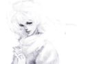  blue_man empty_eyes face hands_clasped hat letty_whiterock monochrome scarf short_hair smile snow solo touhou white white_background 