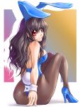  arm_support black_hair bunny_ears bunnysuit con-tex from_behind long_hair original pantyhose rabbit_ears red_eyes solo 
