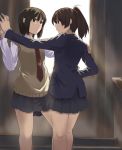  brown_hair holding_hands kagematsuri legs multiple_girls necktie ponytail school_uniform short_hair skirt smile sweater yuri 