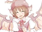  bad_id blush brown_hair closed_eyes earrings happy hat jewelry mystia_lorelei open_mouth short_hair smile solo touhou tuhut wings 