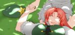  apron braid breasts china_dress chinese_clothes hat hat_removed headwear_removed highres holding_hands hong_meiling izayoi_sakuya lap_pillow large_breasts long_hair lying multiple_girls okachi red_hair redhead saliva shade sleeping star touhou twin_braids yuri 