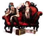 blue_hair bottle bracelet buggy_the_clown couch crown cup jewelry jewlery mcr necklace necktie one_piece open_clothes open_shirt red_hair redhead scar shanks shirt treasure_chest waistcoat 