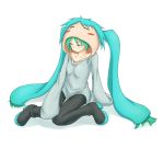  :t blush collarbone cosplay costume green_eyes green_hair hatsune_miku jaco long_sleeves no_bra twintails vocaloid 