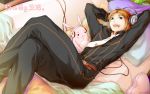  blonde_hair blue_eyes couch crossed_legs crossed_legs_(lying) headphones lying male moon_village necktie on_back pillo&ccedil;w pillow smile solo stuffed_animal stuffed_toy suiga_sora utau 