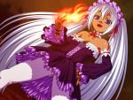  dark_skin detached_sleeves dress fang fangs fingerless_gloves fire flat_chest gloves gothic gothic_lolita hand_on_hip lolita_fashion long_hair magic pantyhose purple_eyes tights twintails upskirt very_long_hair violet_eyes vocaloid white_hair white_legwear white_pantyhose xai yamine_aku 