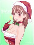  anegasaki_nene bad_id breasts brown_hair choker christmas cleavage gloves hat love_plus mole santa_hat shoumaru_(gadget_box) solo tongue 