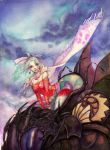  bare_shoulders cape cloud clouds detached_sleeves earrings female final_fantasy final_fantasy_vi green_eyes green_hair hair_ornament jewelry jurithedreamer long_hair magitek_armor mecha pantyhose solo tina_branford traditional_media 