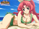  beach bikini blue_eyes blush breasts cleavage frilled_bikini frills front-tie_top green_ribbon hair_ribbon kojima_satomi long_hair lying on_side ponytail red_hair redhead ribbon side-tie_bikini smile solo swimsuit wallpaper wrestle_angels wrestle_angels_survivor 