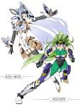  android aschen_brodel blue_hair boots breasts endless_frontier fighting_stance garter_belt garter_straps green_eyes green_hair highres kos-mos large_breasts long_hair multiple_girls ralsaz red_eyes simple_background super_robot_wars super_robot_wars_og_saga_mugen_no_frontier thigh_boots thighhighs very_long_hair xenosaga xenosaga_episode_iii 