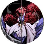  canary4 canary_(artist) circle dress flower ghost hair_bobbles hair_ornament onozuka_komachi red_eyes red_hair redhead scythe solo spider_lily touhou 
