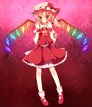  akai bad_id blood crazy_eyes crystal dress flandre_scarlet highres mary_janes rainbow_order red red_background red_dress red_eyes ribbon shoes smile touhou wings 