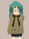  blush closed_eyes hair_ribbon happy hatsune_miku long_hair mirai_(kiichigo3) mirai_(pixiv49666) oversized_clothes ribbon skirt sweater twintails vocaloid 