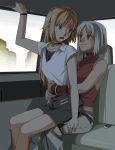  428 bare_shoulders blonde_hair blush bracelet brown_eyes canaan canaan_(character) car car_interior choker holding jewelry mknown mori_(unknown.) motor_vehicle multiple_girls necklace oosawa_maria red_eyes sitting sitting_on_lap sitting_on_person sleeveless smile sweatdrop vehicle waist_hold white_hair yuri 