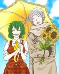  1girl :d ascot axis_powers_hetalia breasts closed_eyes colored_eyelashes couple crossover daico flower green_hair holding holding_flower kazami_yuuka male open_mouth parasol plaid plaid_skirt plaid_vest russia_(hetalia) short_hair skirt skirt_set smile sunflower touhou umbrella 
