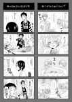  androgynous bandaid blush comic food fruit glasses highres kumonosuke monochrome multiple_4koma orange scarf short_hair tears translation_request 