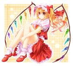  bad_id blonde_hair bloomers dress flandre_scarlet hat rainbow_order red_dress red_eyes short_hair side_ponytail sitting solo touhou wings yellow_background yunaminato yuuna_minato 