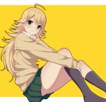  blush green_eyes hoshii_miki idolmaster legs long_hair skirt smile socks sweater tokita_arumi 