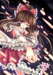  bad_id bow branch brown_hair cherry_blossoms detached_sleeves frills gohei hair_bow hakurei_reimu hands ken2325 ofuda open_mouth red_eyes sarashi short_hair smile solo sousouman touhou wink 