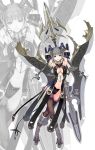  armpits arms_up blue_eyes boots breasts cleavage demon_girl earrings elbow_gloves gloves grey_hair highres horns huge_weapon jewelry long_hair nakaba_reimei navel original pointy_ears solo sword thigh-highs thighhighs twintails weapon zipper zoom_layer 