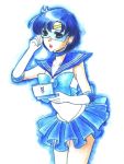  bishoujo_senshi_sailor_moon blue blue_eyes blue_hair goggles headset magical_girl mizuno_ami rabihiko ribbon sailor_mercury sailor_uniform sentai short_hair skirt solo tiara traditional_media video_game visor watercolor_(medium) 