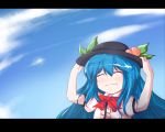  ^_^ bad_id beegle blue_hair bust closed_eyes hand_on_hat happy hat hinanawi_tenshi letterboxed long_hair sky smile touhou 