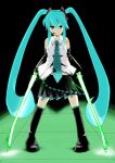  absurdres bad_id blue_eyes blue_hair detached_sleeves energy_sword epic hatsune_miku headphones highres hyudora kneehighs lightsaber long_hair microphone necktie skirt socks solo spring_onion sword themed_object thigh-highs thighhighs twintails very_long_hair vocaloid weapon 