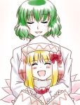  blonde_hair blush breasts bust closed_eyes green_hair hat hug hug_from_behind kazami_yuuka lily_white open_mouth plaid_vest simple_background smile supon touhou white_background 